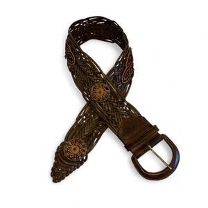 Braided Brown Leather Belt Beaded Medallions Boho Cowgirl Western Womens S
